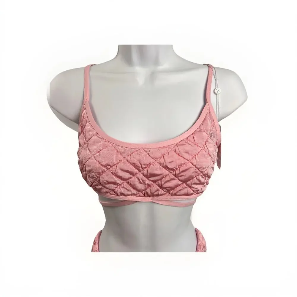 NWT Frankie’s Bikinis Waco Puff Top & Katarina Bottom Large Baby Pink Bikini